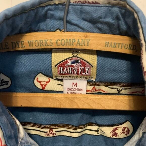 Vintage Barn Fly button up shirt all over Canoe Print navy blue and brown sz M - Picture 3 of 5